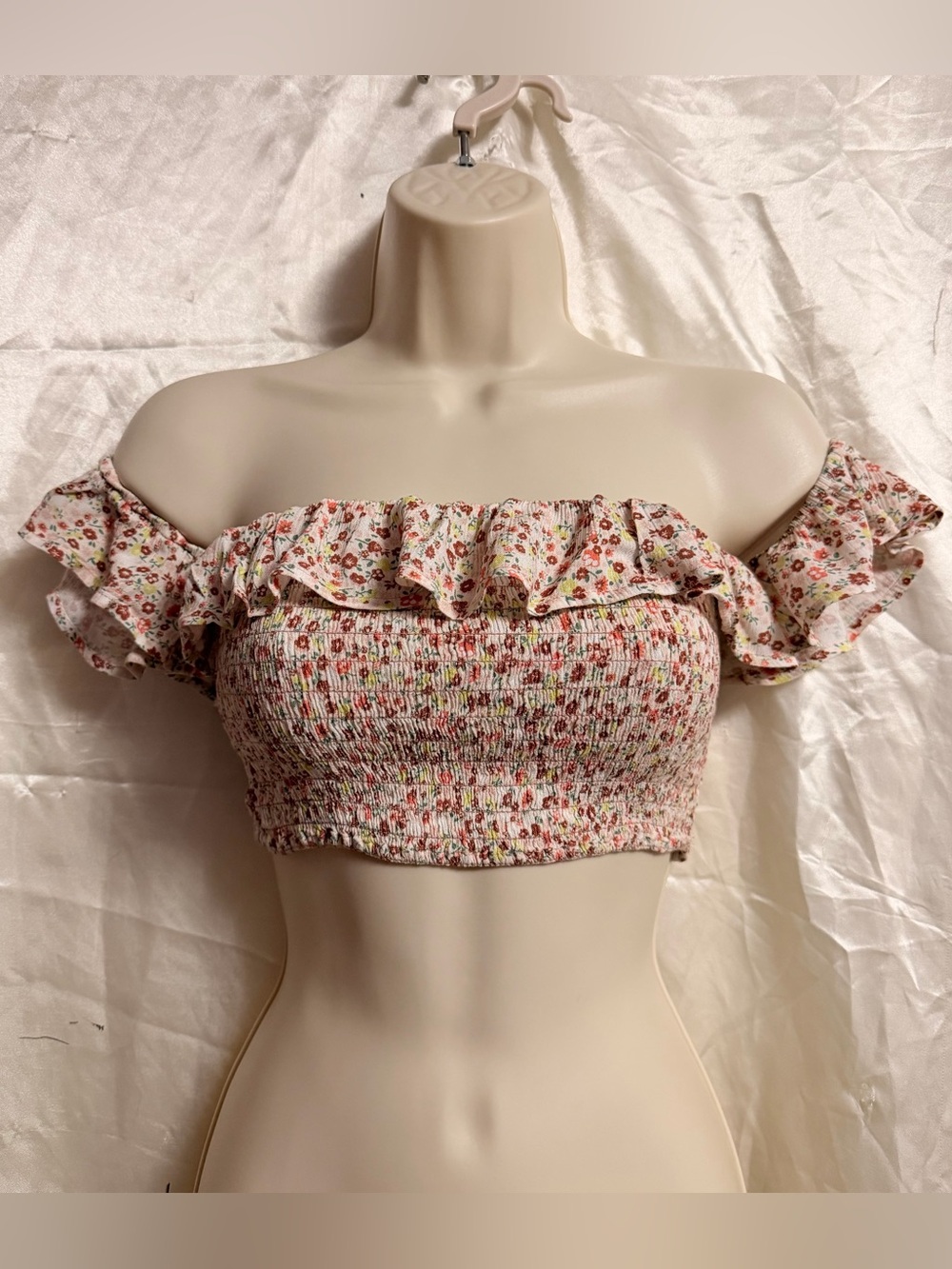 Beige Floral Smocked Off-Shoulder Crop Top